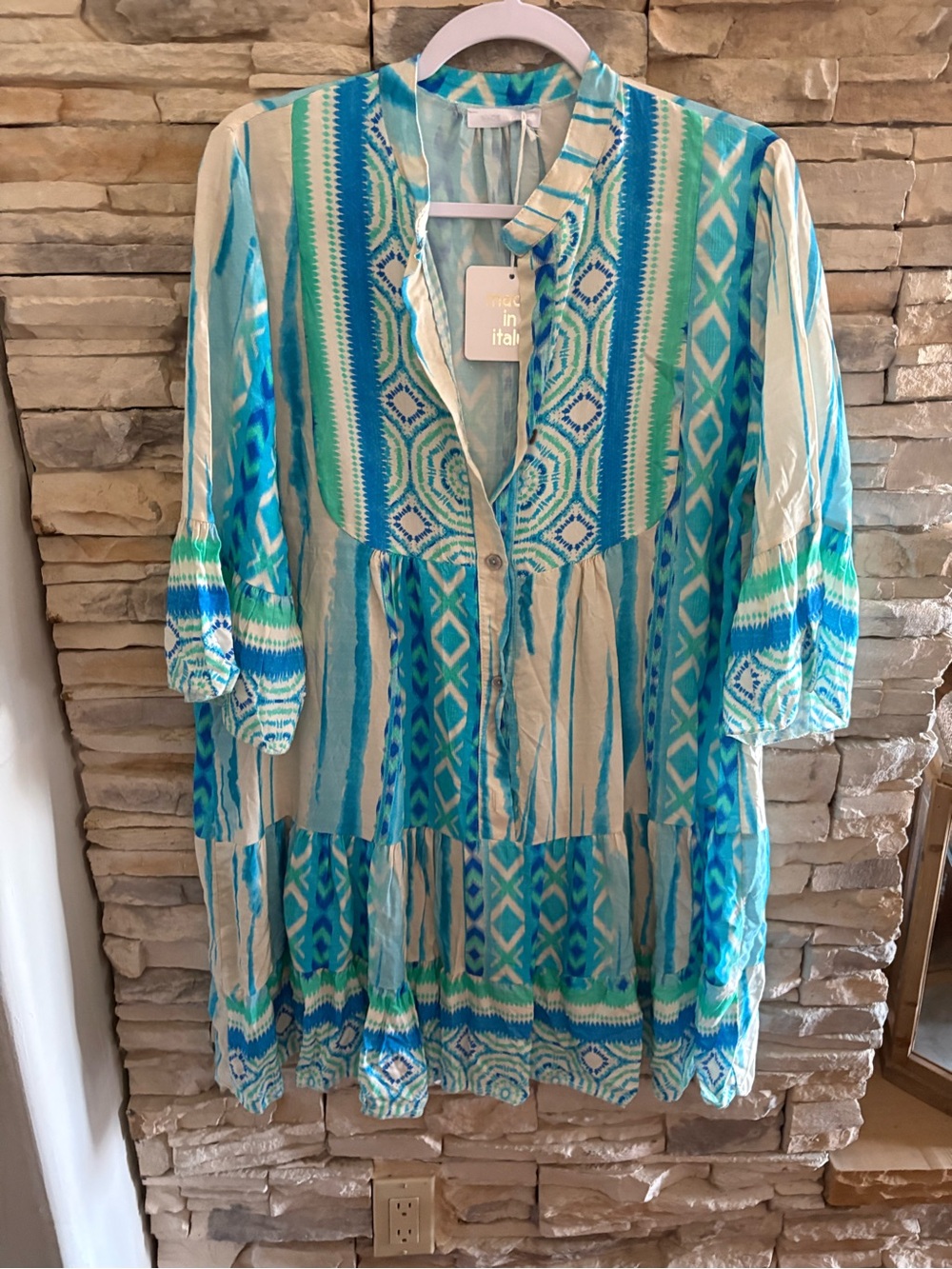NWT, Lightweight Aqua & Beige Printed Mini Dress Non Sheer, One Size